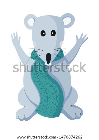 Vector flat mouse animal illustration for Christmas and new year design, symbol of 2020 in Chinese calendar. Cute gray rat with colored scarf. For party invitation, holiday icon, greeting card