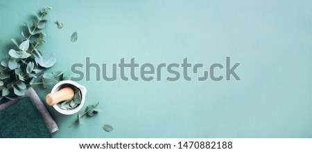 Eucalyptus leaves and white mortar, pestle. Ingredients for alternative medicine and natural cosmetics. Beauty, spa concept. Royalty-Free Stock Photo #1470882188