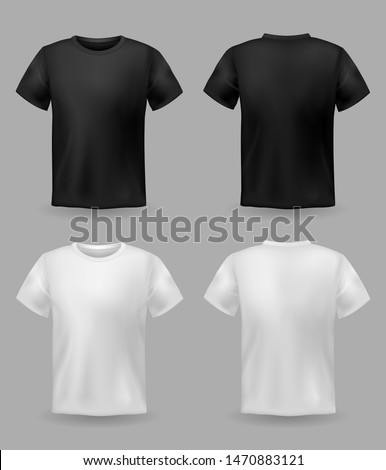 White and black t-shirt mockup. Sport blank shirt template front and back view, men and women clothes for fashion clothing realistic uniform for advertising textile print vector set Royalty-Free Stock Photo #1470883121