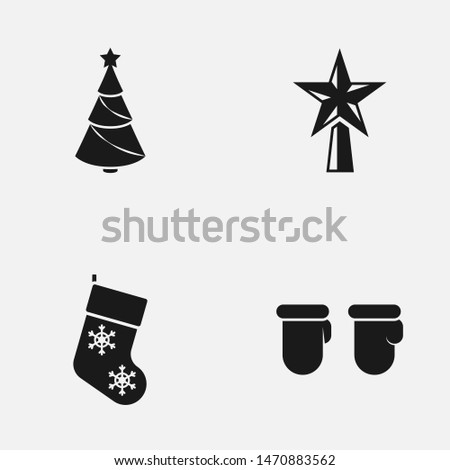 Set of winter holiday decorations flat black and white vector icon.