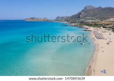 Aerial shot of beautiful turquoise beach Falasarna Falassarna Crete Greece Royalty-Free Stock Photo #1470893639
