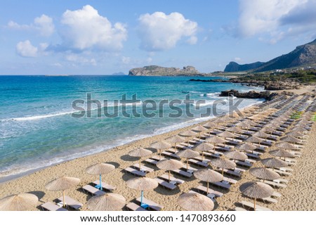Aerial shot of beautiful turquoise beach Falasarna Falassarna Crete Greece Royalty-Free Stock Photo #1470893660