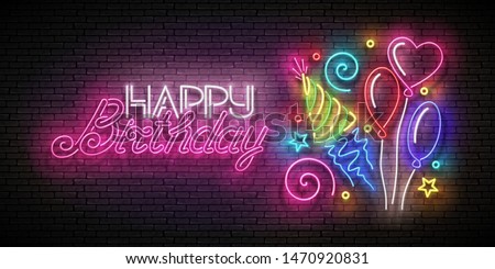 Glow Greeting Card with Different Balloons, Holiday Hat, Confetti and Happy Birthday Inscription. Neon Lettering. Poster, Banner, Invitation. Seamless Brick Wall. Vector 3d Illustration. Clipping Mask