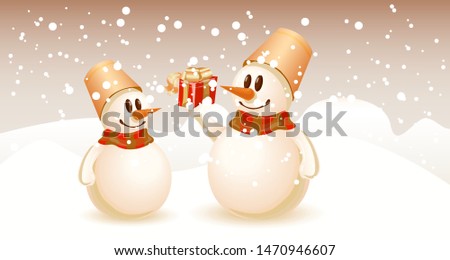 Christmas snowmen exchanging gifts.The illustration can be used for the background on the card.