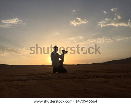 Man Photographer Sunset Silhouette Desert