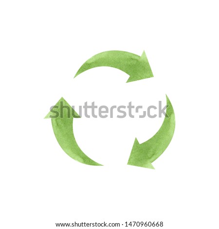 Watercolor green recycling sign isolated on white background. Hand drawn reuse symbol for ecological design. Zero waste lifestyle. 
