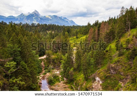 A view from the Stuibenfall over the the forest to the mountains of the alps