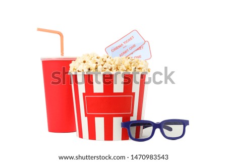 Paper cup, bucket with popcorn and tickets, 3d glasses isolated on white background