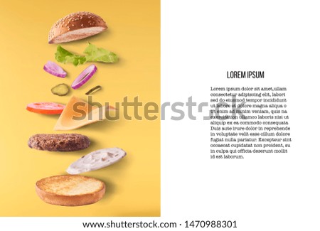 Delicious burger  ingredients isolated on yellow background. Food levitation concept. High resolution image
