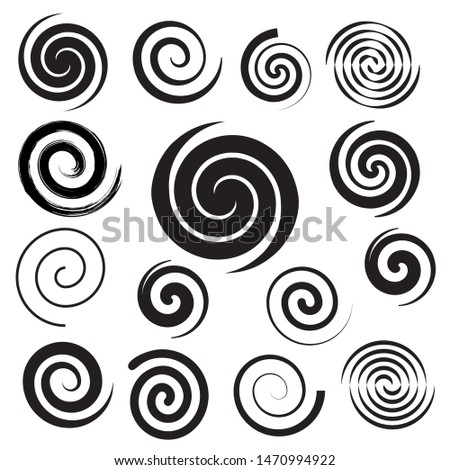 Spiral collection. Set of simple spirals. Set of black elements for design. Vector illustration flat style. Isolated on white background. Swirl drawn with a brush. Abstract sketch.