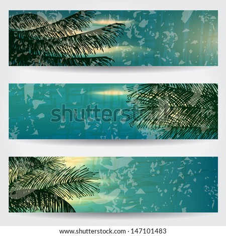 Set of beautiful retro summer themed web banner illustrations with Sun, palm leaves and clouds