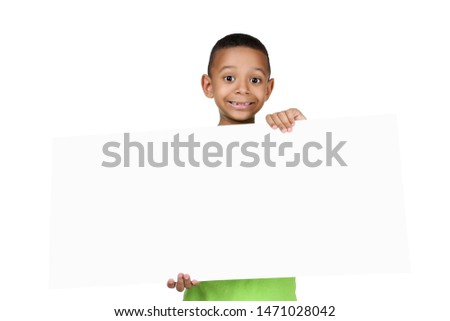 Cute american boy with blank board on white background