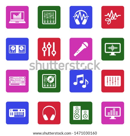 Music Production Icons. White Flat Design In Square. Vector Illustration.