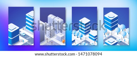 Isometric set neon night ultraviolet module city with skyscraper from urban building vector architecture. illustration for design business shape background illustration of vector with clipping mask