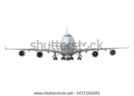 Aircraft with landing gear extended, straight ahead view isolated on white background Royalty-Free Stock Photo #1471106282