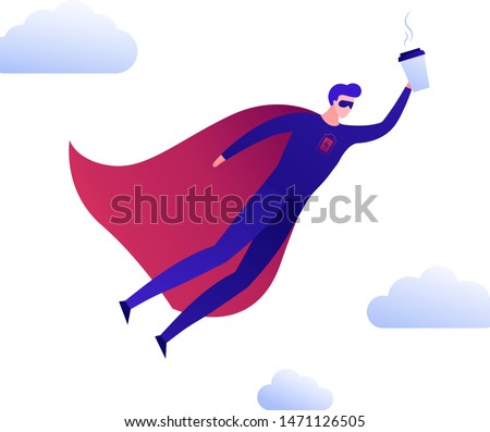 Vector modern flat coffee superhero person illustration. Color hero in red cloak flying with cup in clouds isolated on white. Concept of morning energy, charging drink. Design element