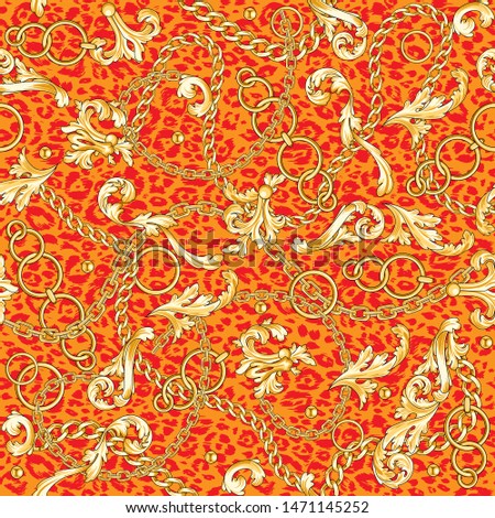 Golden baroque flourishes and chains mixed on animal skin. Trendy seamless pattern.