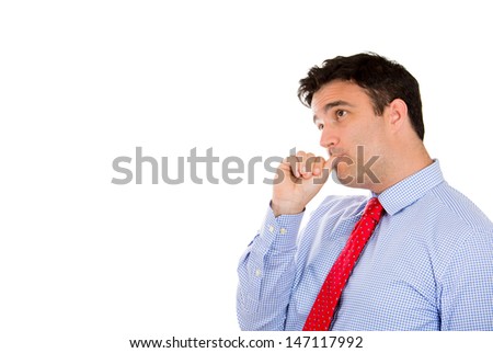 Closeup portrait of handsome businessman with thumb in mouth as sign of depression from being screwed over, isolated on white background with copy space