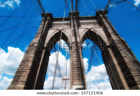 Powerful structure of Brooklyn Bridge Center Pylon on a beautiful summer day.