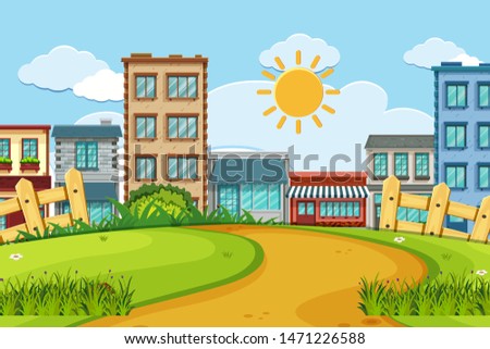 An outdoor scene with shop building illustration