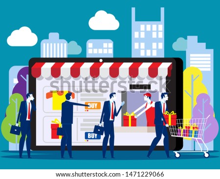 People shoping online. Concept with happy customers buying and making pay ments with smarthphones, E-commerce advertising vector illustration.