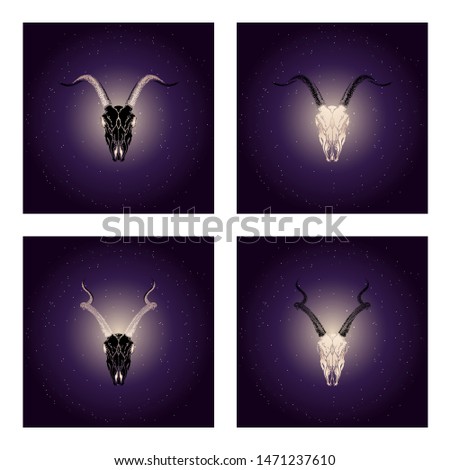 Vector set of four illustrations with hand drawn black skulls antelope and goat with gold elements against the background of the starry sky. In purple color. For you design, tattoo or magic craft.