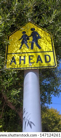 Yellow school crossing sign with leaf shadows.