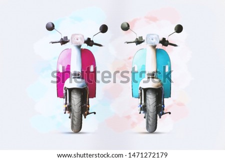 watercolour painting of pink and blue motorcycle on white paper background.
