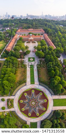 Wuhan Yuemachang Honglou Park aerial scenery. Translation on the building is"Governor's Mansion" and "Sun Yat-sen bronze statue"