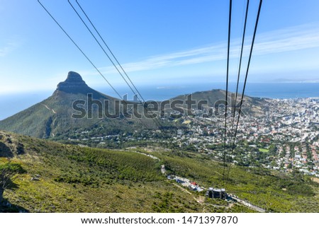 General view of the Lion's Head and Cape Town downtown from Cable Car by the Table Mountain, Western Cape, South Africa