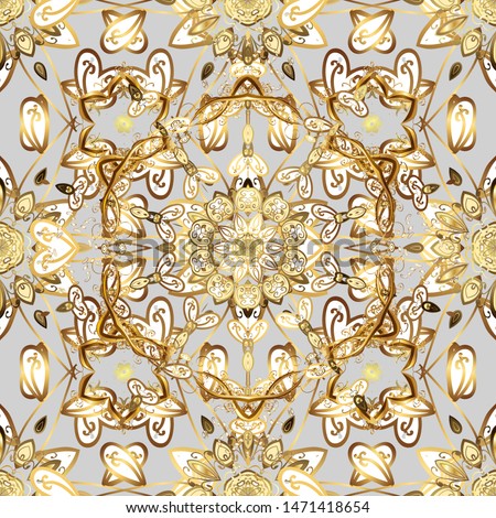 Seamless golden pattern. Gold metal with floral pattern. White and gray colors with golden elements. Vector golden floral ornament brocade textile and glass pattern.