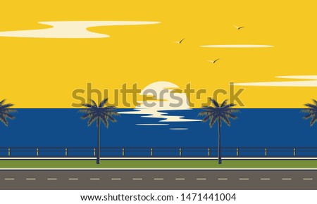 Trip on road to sea. Sunset summer tropical beach with palm trees and sea. Nature landscape and seascape. 