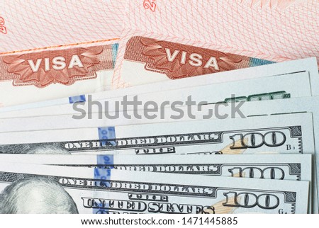 Stamp visa in the passport and american dollars close up, top view