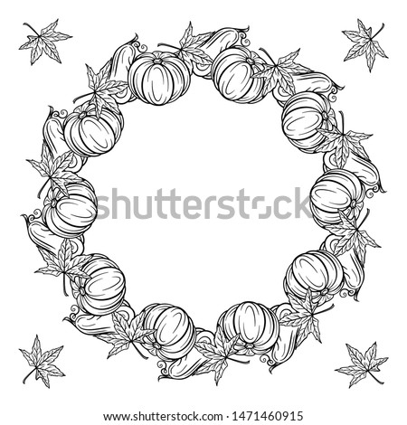Black and white autumn wreath ornament. Pumpkins and autumn leaves garland. Antistress coloring page.