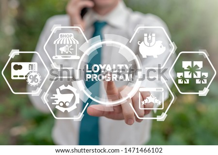 Loyalty Program Shopping Earn Points Return Money concept. Businessman touches loyalty program word's button on virtual screen. Royalty-Free Stock Photo #1471466102