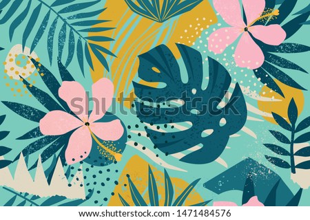 Tropical flowers Mid-Century Modern Art Future Abstract and artistic palm leaves on background. Seamless. Vector pattern. Royalty-Free Stock Photo #1471484576
