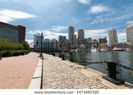 Cityscape of Boston captured from Fan Pier Park in clear sky day, Massachusetts, USA