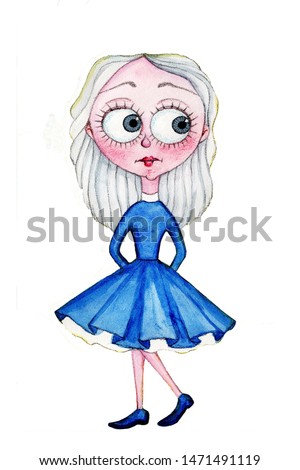 Girl with Big eyes. Romantic lovely girl with big soul isolated on white. Blue dress and white hair. Watercolor illustration. Cute funny hand drawn watercolor character. 