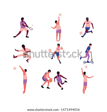 A collection of young men performing various physical activities. 
A bunch of male cartoon character playing volleyball, volleyball, football and other. Colorful flat vector illustration.
