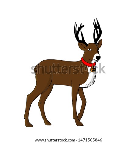 reindeer with big black horns and red collar with a bell