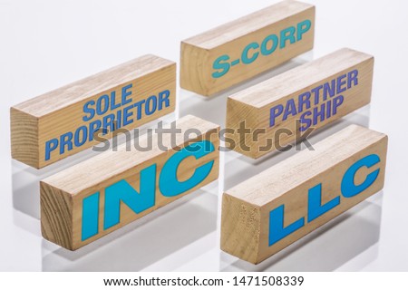 Main types of business formations including Sole proprietorship, S-corp, partnership, LLC and Incorporations, represented by building blocks. Royalty-Free Stock Photo #1471508339