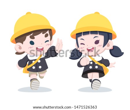 Cute little Japanese children in kindergarten uniform say hello to each other cartoon illustration Royalty-Free Stock Photo #1471526363