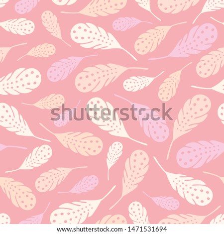 Seamless repeat pattern of tossed feathers in pinks and creams. A pretty vector nature background design.