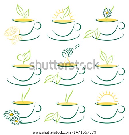 Set Of Nine Drawn Cups Of Tea Green And Yellow