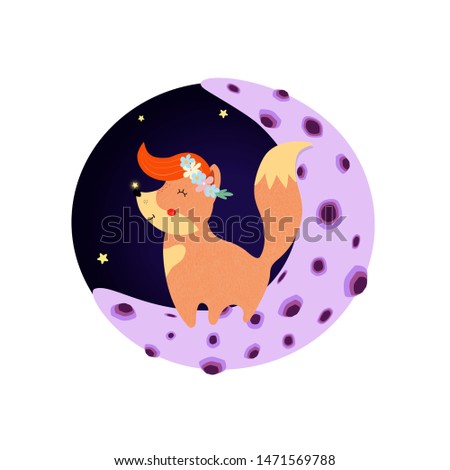 Cute fox in flower wreath ginger forelock stand on moon in night sky with glowing star on nose, good night for baby. Cartoon flat vector hand drawn illustration, scandinavian style, icon, clip art
