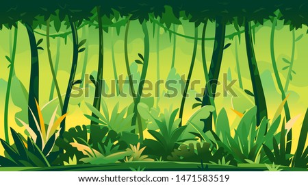 Wild jungle forest with trees, bushes and lianas, nature landscape with green jungle foliage and lianas on tree crowns, danger place with tropical plants