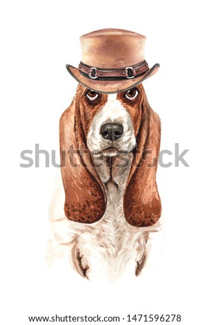Basset Hound dog. Portrait of a dog. Watercolor hand drawn illustration.Watercolor Basset Hound with hat layer path, clipping path isolated on white background.