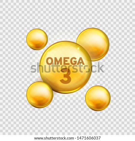 Omega 3. Vitamin drop, fish oil capsule, gold essence organic nutrition. Skin care advertising realistic vector product isolated healthy supplement yellow design Royalty-Free Stock Photo #1471606037