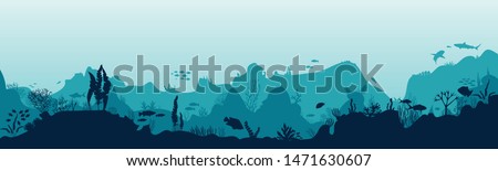 Silhouette of fish and algae on the background of reefs. Underwater ocean scene. Deep blue water, coral reef and underwater plants. a beautiful underwater scene; a vector seascape with reef. Royalty-Free Stock Photo #1471630607