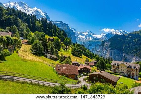 Wonderful mountain car-free village Wengen, Bernese Oberland, Switzerland. The Jungfrau is visible in the background